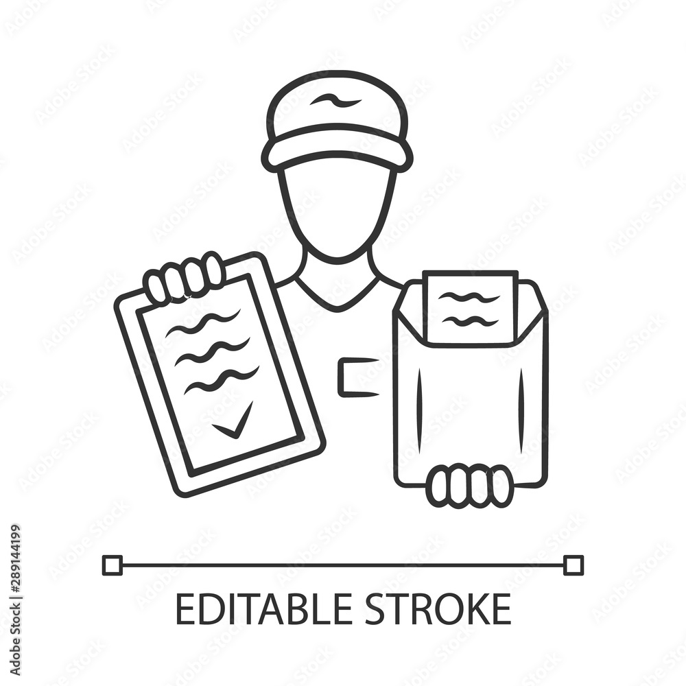 Document delivery linear icon. Express courier service. Postman, deliveryman holding clipboard with invoice. Parcel, small package delivering. Contour symbol. Vector isolated drawing. Editable stroke Document delivery linear icon. Express courier service. Postman, deliveryman holding clipboard with invoice. Parcel, small package delivering. Contour symbol. Vector isolated drawing. Editable stroke