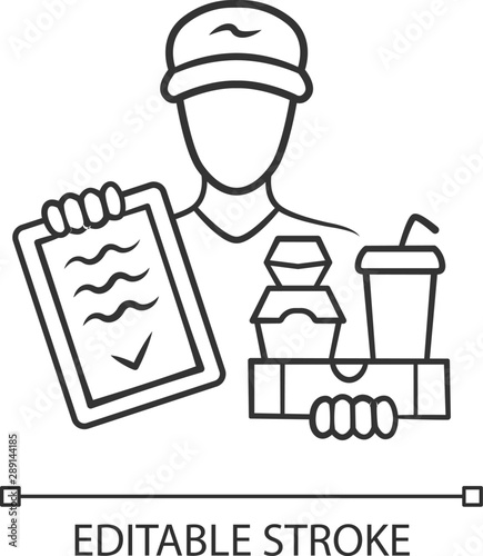 Food delivery linear icon. Express courier service. Deliveryman holding takeaway fast food and invoice. Restaurant, cafe free order delivering. Contour symbol. Vector isolated drawing. Editable stroke