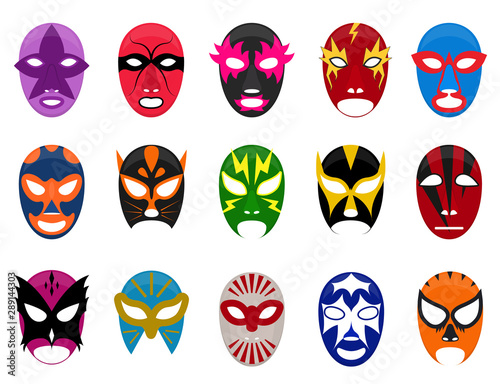 Cartoon Color Mexican Wrestling Mask Icon Set. Vector