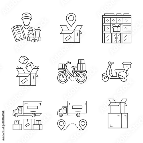 Delivery linear icons set. Parcel tracking, post office, cardboard box, order packing. Heavy goods shipping truck. Scooter, bicycle delivery. Isolated vector outline illustrations. Editable stroke
