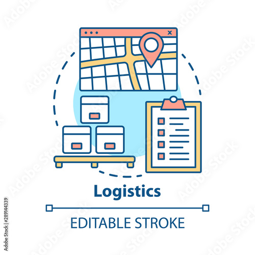 Logistics & distribution concept icon. Warehouse, storehouse, goods storage idea thin line illustration. Shipment, cargo and parcels delivery service. Vector isolated outline drawing. Editable stroke
