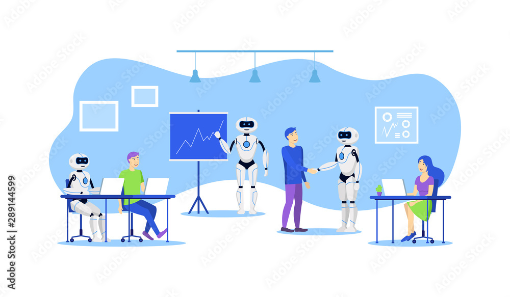 Cartoon Color Characters People and Robot Office Workers Concept. Vector