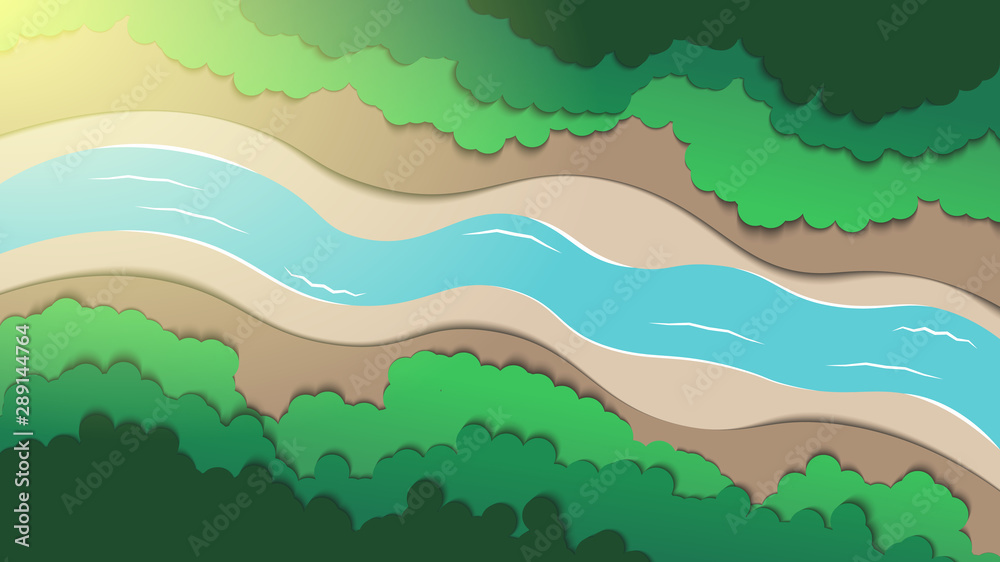 Arial view of forest and river.Green nature landscape . paper art style vector illustration. Arial view of forest and river.Green nature landscape . paper art style vector illustration.