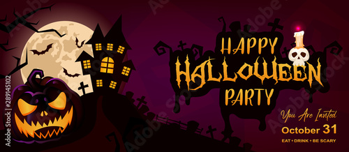Happy halloween event flat banner vector template. Autumn holiday night party invitation card design layout. Scary, spooky cartoon background with pumpkin and lettering. Helloween horizontal poster