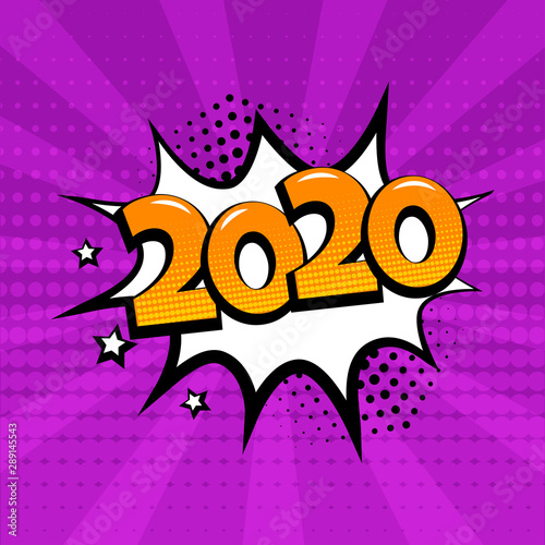 White comic bubble with 2020 word on purple background. Comic sound effects in pop art style. Vector illustration