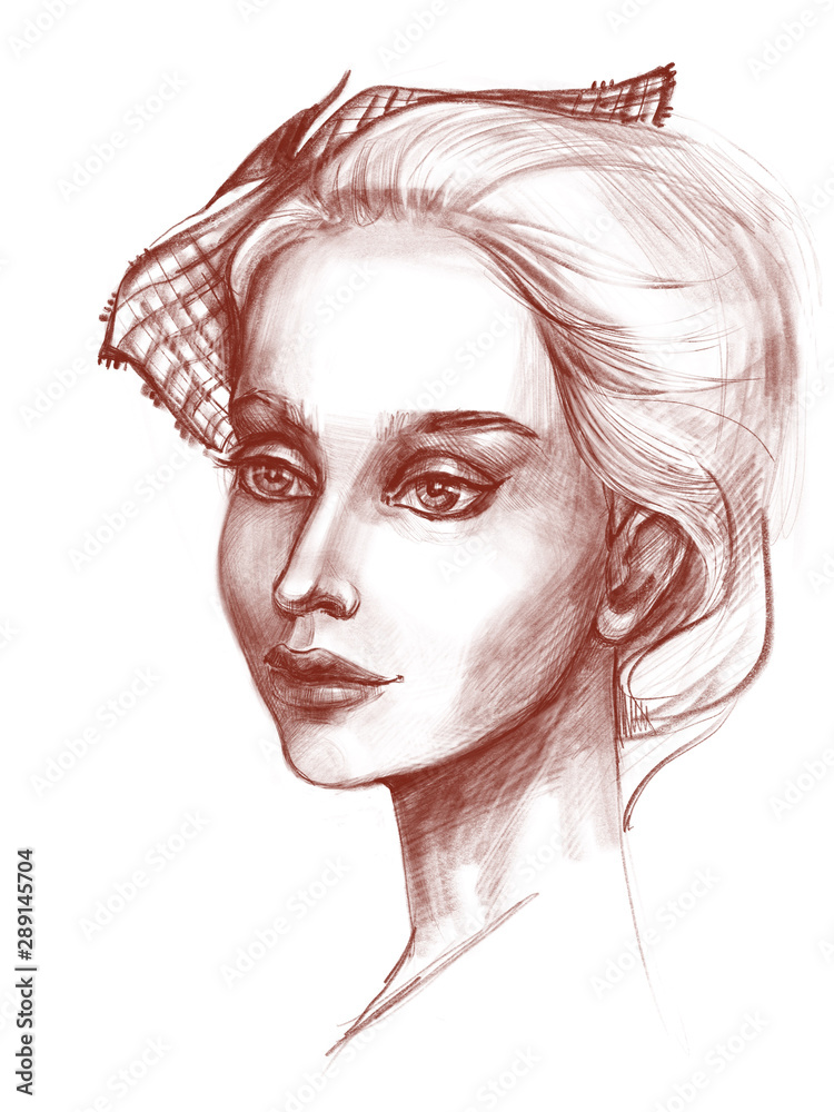 Elegant woman's face drawn with a pencil