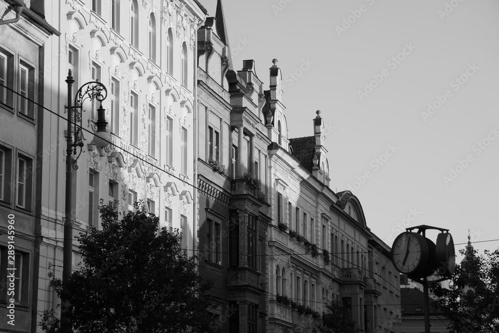 Black and white beautiful old stone buildings in Prague