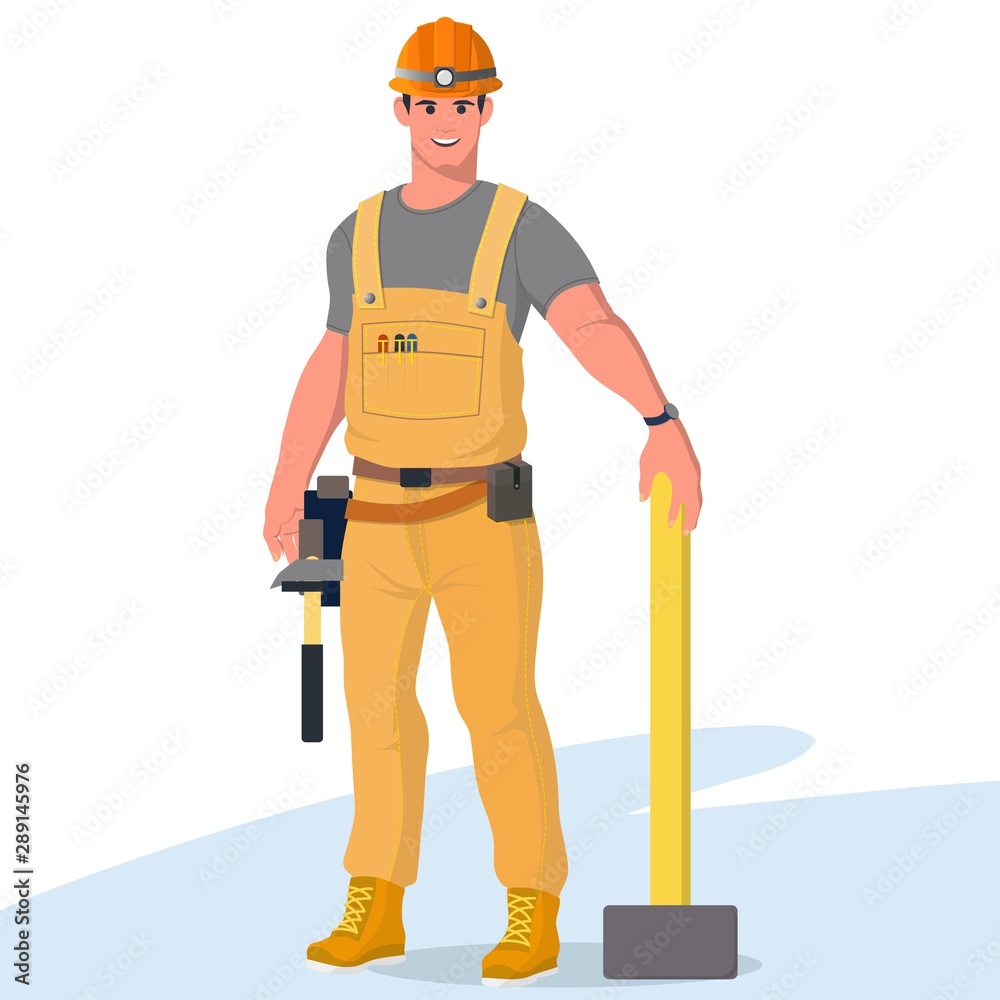 Set of builders in special clothes with various tools. Workers with safety equipment. Jumpsuit, safety helmet and gloves. Vector illustration in a flat style. Set of builders in special clothes with various tools. Workers with safety equipment. Jumpsuit, safety helmet and gloves. Vector illustration in a flat style.