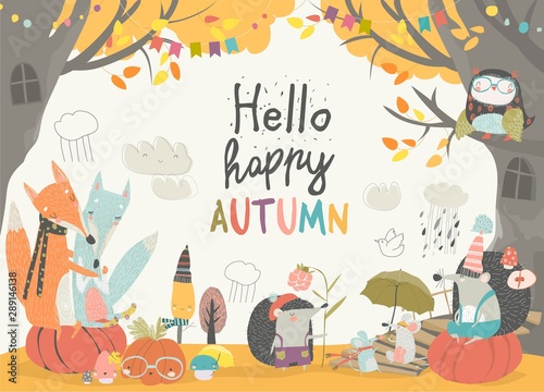 Funny animals meeting autumn in the forest