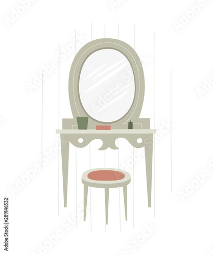 A set of furniture with a table for the female toilet and an oval mirror. The interior of the living room creates a home comfort. Vector illustration in trendy flat style on a white background.