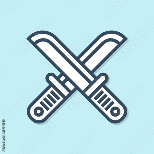 Blue line Crossed hunter knife icon isolated on blue background. Army knife. Vector Illustration