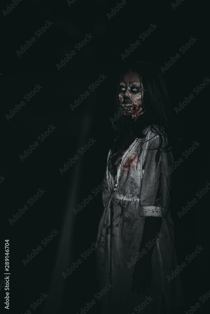 Portrait of asian woman make up ghost face,Horror scene,Scary background,Halloween poster - obrazy, fototapety, plakaty 