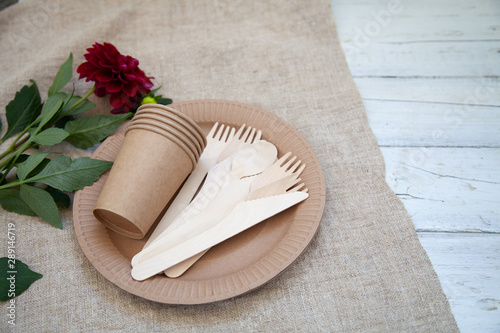 Various eco-friendly kraft paper packaging, containers for takeaway food. Zero waste and recycling concept.