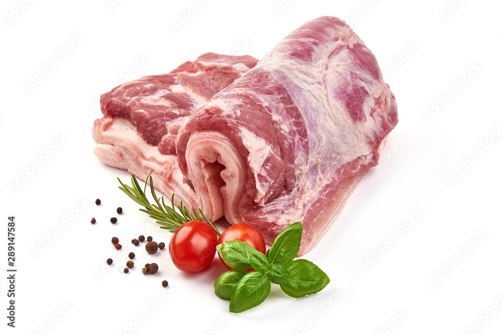 Fresh pork brisket, raw meat, isolated on white background