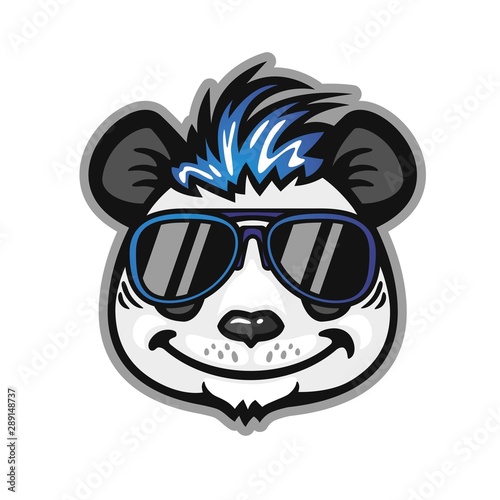 Panda head with blue hair and sunglasses, anthropomorphic panda