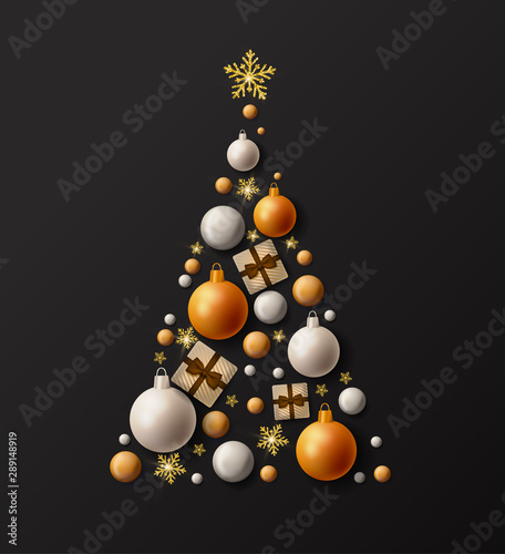 Merry Christmas banner with realistic big fur-tree with garland, balls, gift box. Background Xmas design 3d. Poster, greeting cards, head