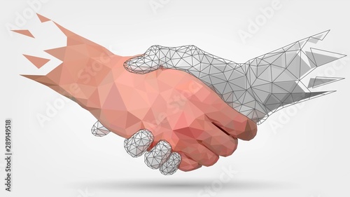 Low poly hands, handshaking, human and robot arm, automation, technology