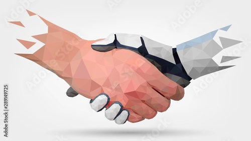 Low poly hands, handshaking, human and robot arm, automation, technology