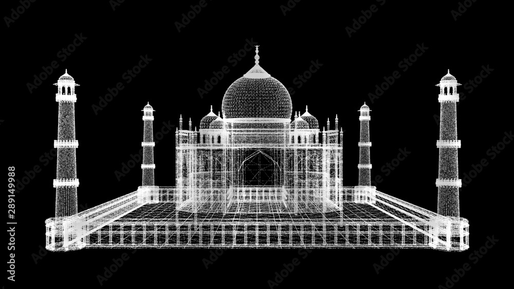 3D Illustration  Modern and Advance 3d Illustration of Taj Mahal Glowing Particles lines and doted Taj Mahal 8K India Landmark Black Background Front View