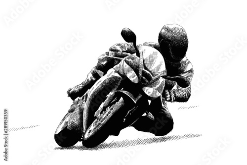 A motorcyclist on a sports motorcycle in a helmet rides on the highway.