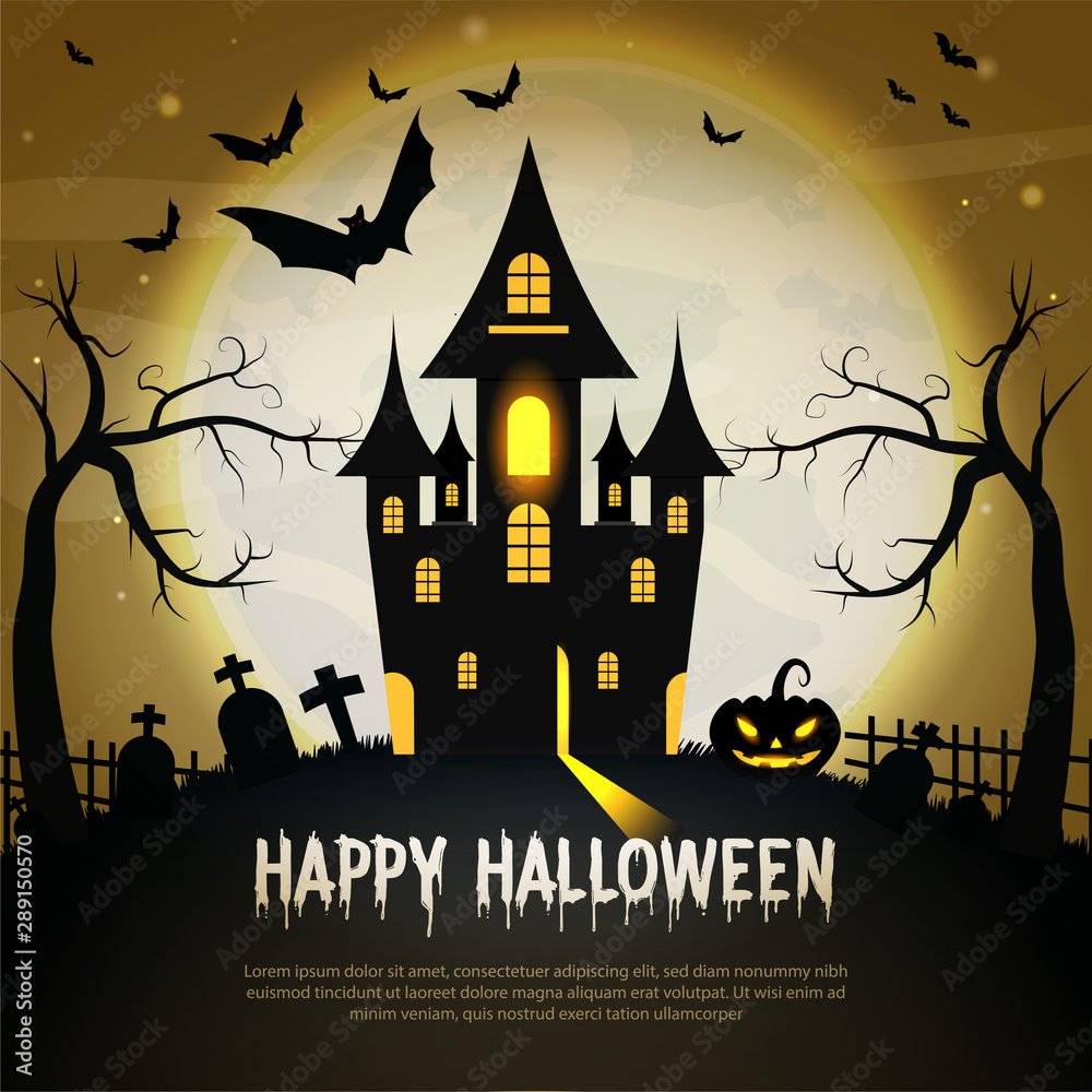 Happy Halloween party invitations or greeting cards with pumpkins and dark castle.  Halloween lettering and traditional symbols. Vector illustration