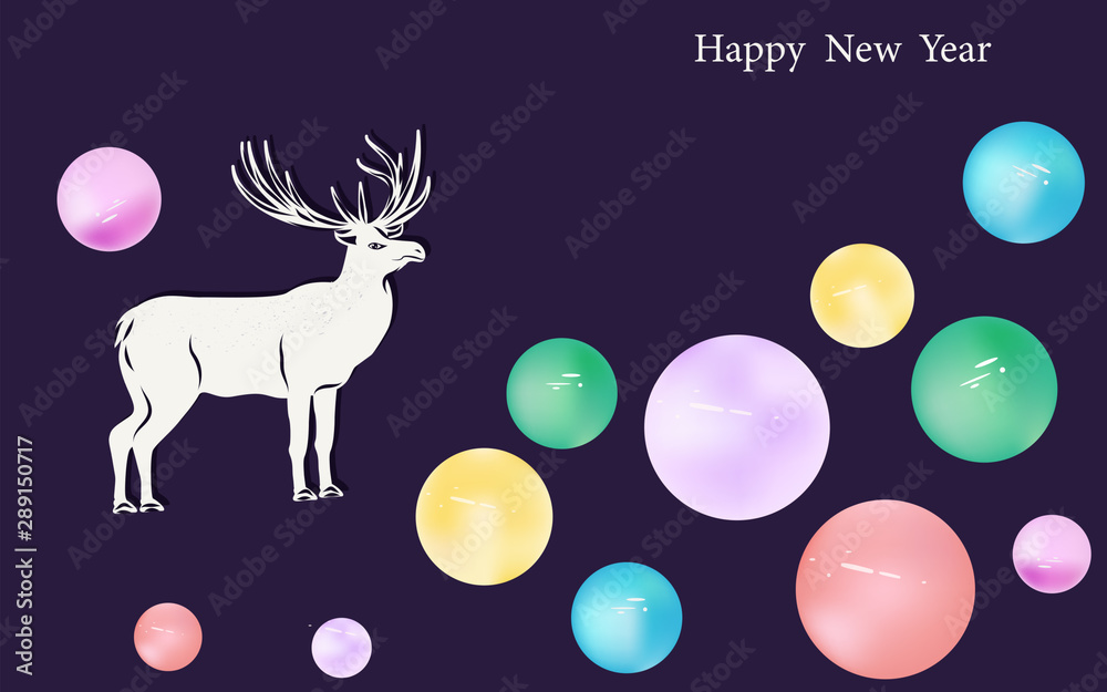 White Deer, multi-colored balls on a dark purple background - vector Happy New Year 2020. Christmas.