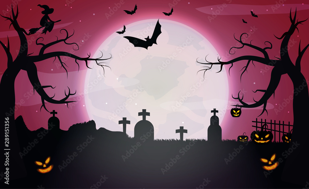 Halloween banner or greeting cards with pumpkins and dark castle on red Moon background. Happy Halloween night party template. Vector illustration.