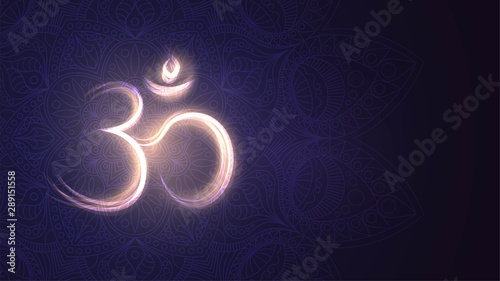 Background with glowing sign Om, Hinduism, Buddhism, mantra photo