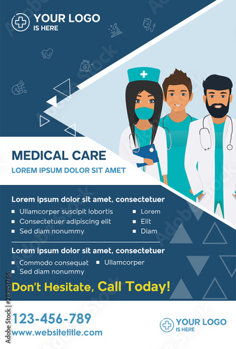 Stylish Medical Care template for Medical Center with illustration of doctors for Brochure, Flyer, Magazine, Poster, Corporate Presentation, infographic, marketing material. Vector template in A4 size