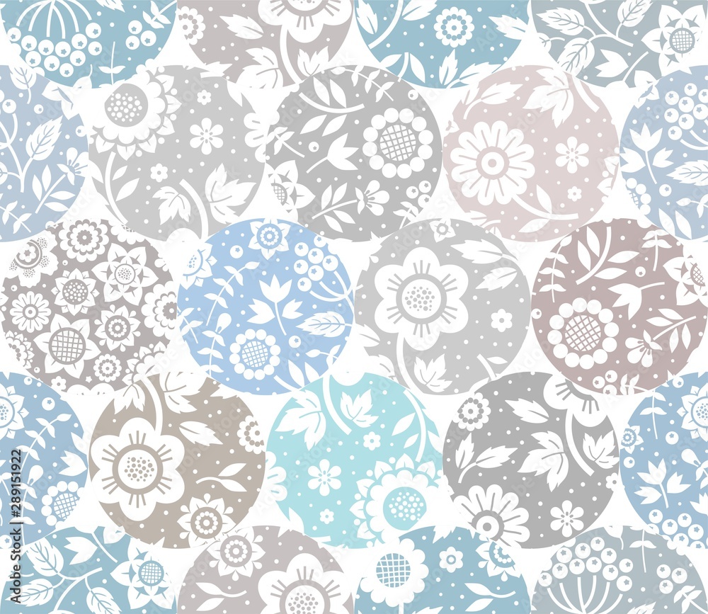 Floral white pattern, seamless, gray and blue circles, white background, flat, vector. Fabulous decor. Color, floral ornament.  