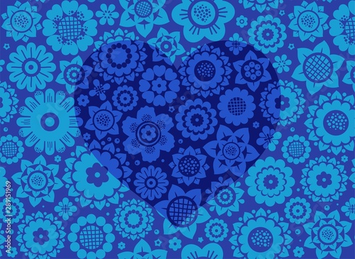 Heart, card, floral background, color, blue dark, vector. A dark blue heart on a blue flower field. Color, flat picture. 