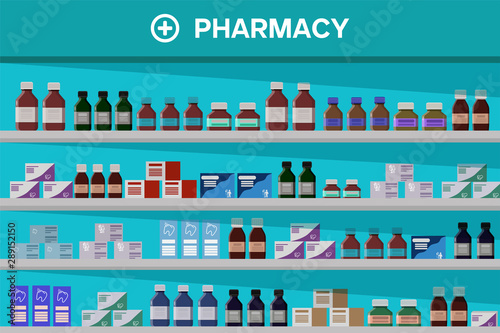 Interior pharmacy and drugstore. Sale of medicine pills capsules bottles vitamins and tablets. Pharmacy interior in flat style. Vector illustration