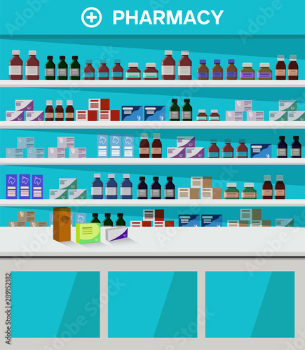 Interior pharmacy and drugstore. Sale of medicine pills capsules bottles vitamins and tablets. Pharmacy interior in flat style. Vector illustration