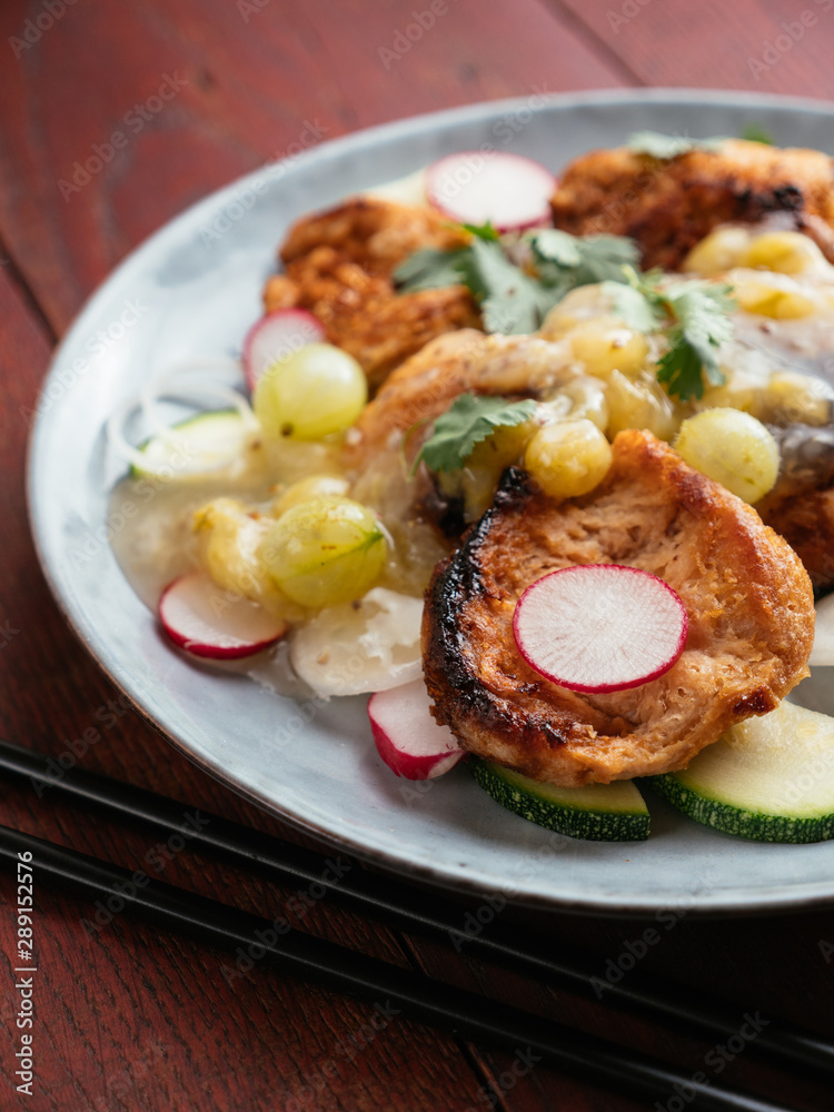 Asian Barbecued TVP Medallion Salad with Gooseberry Sauce Asian Barbecued TVP Medallion Salad with Gooseberry Sauce