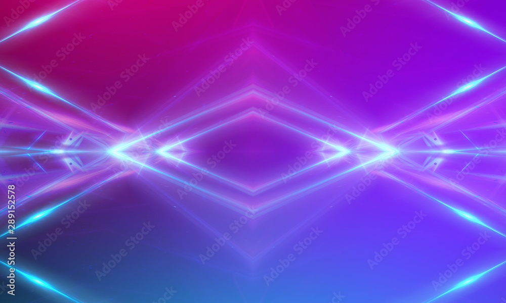 Ultraviolet abstract light. Light tunnel and laser lines. Violet and pink gradient. Modern background, neon light. Empty stage, spotlights, neon. Abstract light.