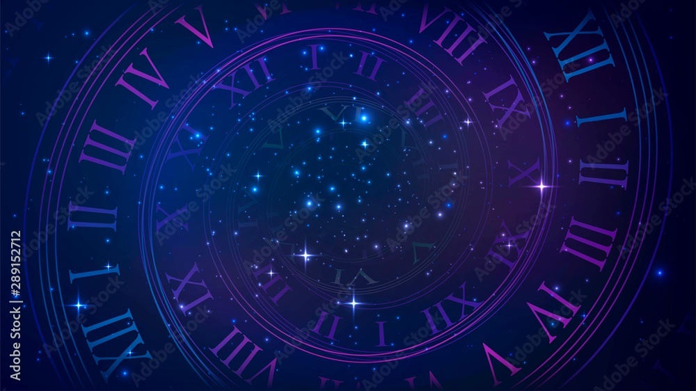 Background with spiral dial, clock in space. Time, eternity, universe metaphor - obrazy, fototapety, plakaty 