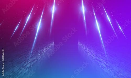 Ultraviolet abstract light. Light tunnel and laser lines. Violet and pink gradient. Modern background  neon light. Empty stage  spotlights  neon. Abstract light.