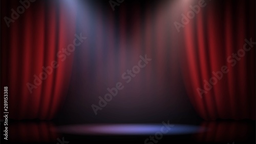 Empty scene with a red curtain and spotlights. Concert, show, performance