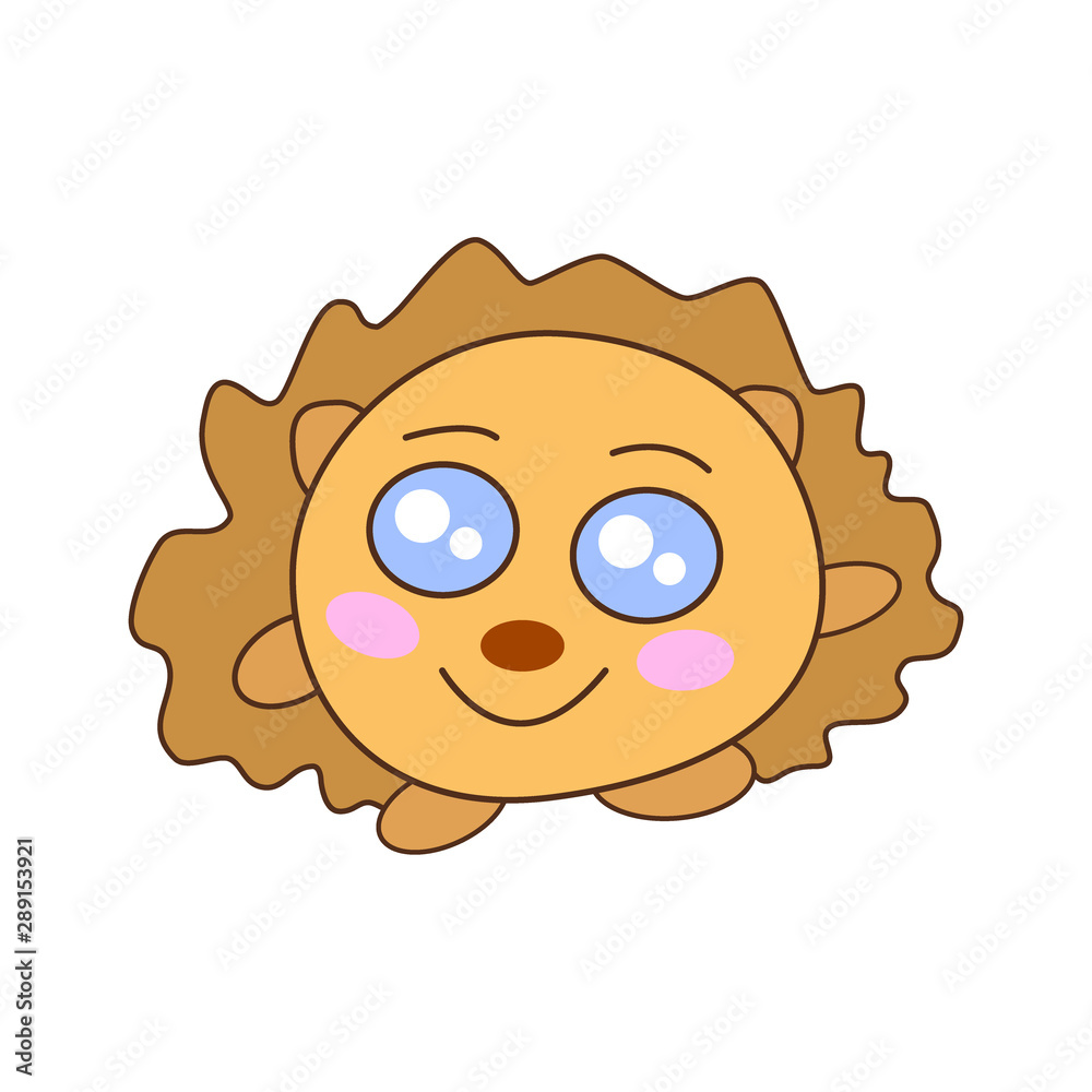 Cute kawaii hedgehog with big open eyes, stands on its paws, smiles, greets and waves its paws. Vector flat icon, logo, sticker.
