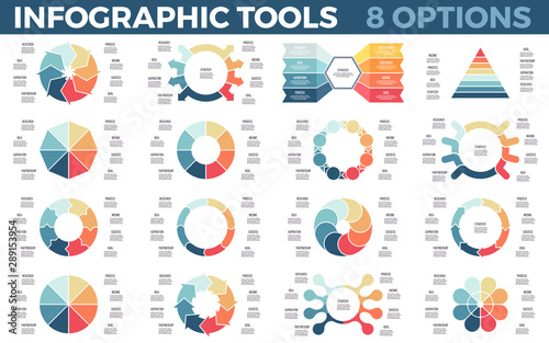 Vector infographics. Circular diagrams. Data visualization templates with 8 steps, options, processes. Vector charts.