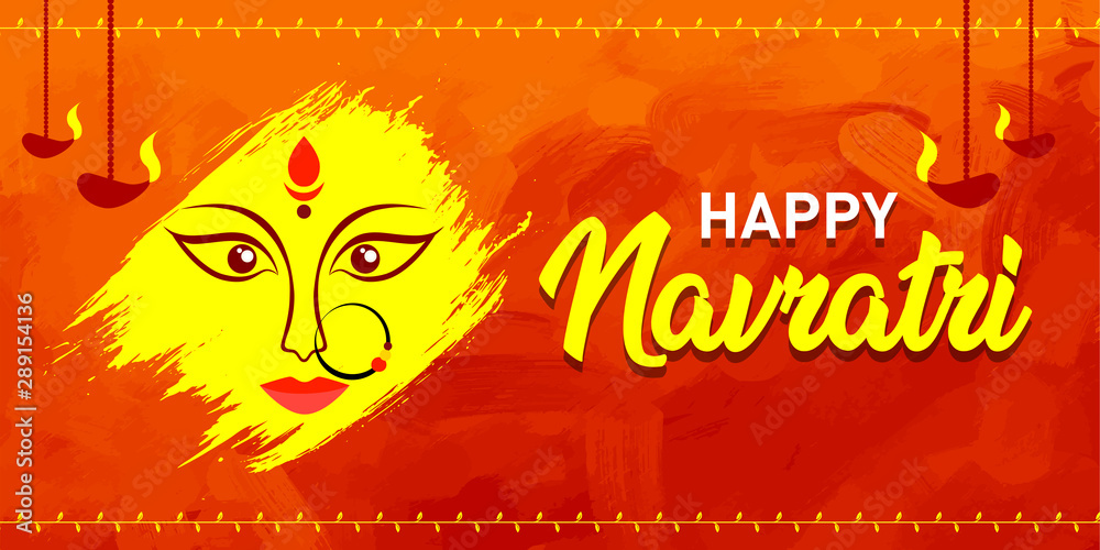 Happy Navratri. Indian Festival of Goddess Durga Maa Puja Banner, Logo  design, Sticker, Concept, Greeting Card Template, Icon, Poster, Unit,  Label, Web, Mnemonic on Red paint brush stroke Background Stock Vector |