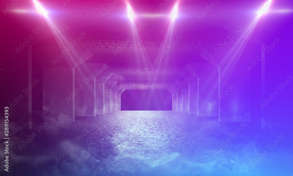 Fototapeta premium Ultraviolet abstract light. Light tunnel and laser lines. Violet and pink gradient. Modern background, neon light. Empty stage, spotlights, neon. Abstract light.