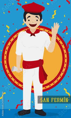 Spaniard Saluting at You during San Fermin Festival, Vector Illustration