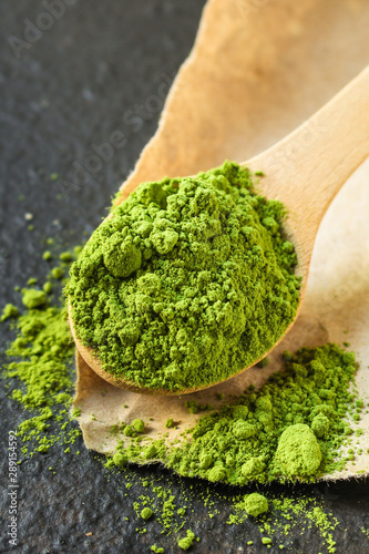 matcha - green tea powder, food supplement, menu concept. food background. copy space