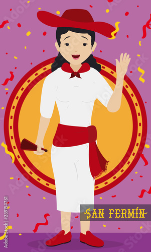 Spanish Girl Saluting at You during San Fermin Festival, Vector Illustration