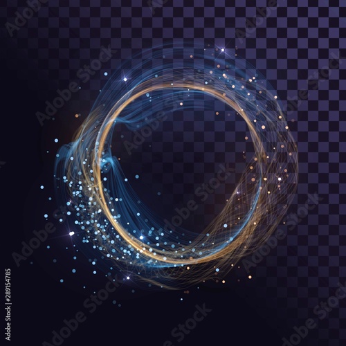Wavy round blue and gold frame, shining ring with sparks