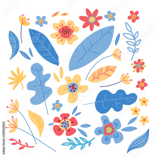 Wallpaper Mural Set of simple minimalistic colorful flowers. Floral collection. Hand drawn doodle wild flowers, herbs, leaves. Flat style vector. Simple botany icons. Colorful plants for seasonal decor Torontodigital.ca