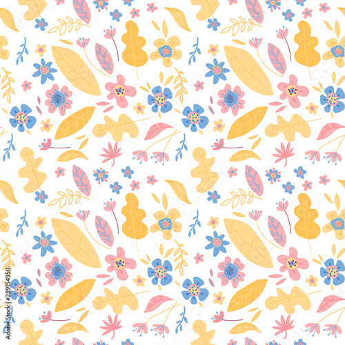 Beautiful floral seamless pattern of leaves and flowers. Bright illustration, can be used for creating card, invitation card for wedding,wallpaper and textile.