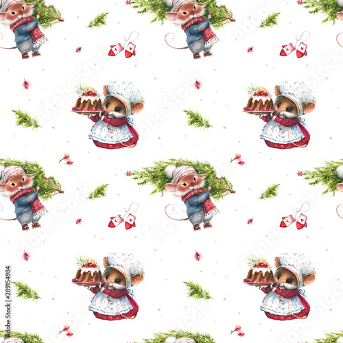 Seamless pattern whith watercolor illustration of a mouse, a symbol of 2020 a white background
