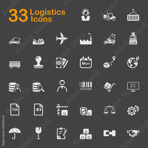 Set of 33 logistics icons, flat style, vector illustrations. Contains such as: stock, barcode, agent, fragile, cargo, shipping, factory, parcel, payment and more.
